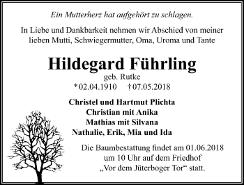 Traueranzeige von Hildegard Führling von Märkischen Allgemeine Zeitung