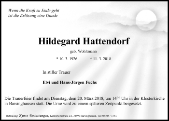 Traueranzeige von Hildegard Hattendorf von Hannoversche Allgemeine Zeitung/Neue Presse