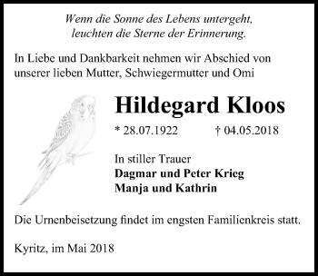 Traueranzeige von Hildegard Kloos von Märkischen Allgemeine Zeitung