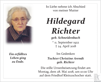 Traueranzeige von Hildegard Richter von Leipziger Volkszeitung