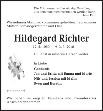 Traueranzeige von Hildegard Richter von Kieler Nachrichten