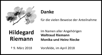 Traueranzeige von Hildegard Riemann von Aller Zeitung