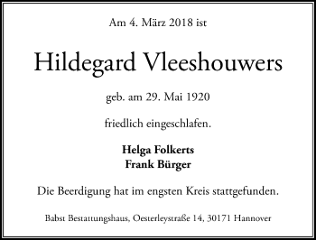 Traueranzeige von Hildegard Vleeshouwers von Hannoversche Allgemeine Zeitung/Neue Presse