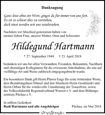 Traueranzeige von Hildegund Hartmann von Leipziger Volkszeitung