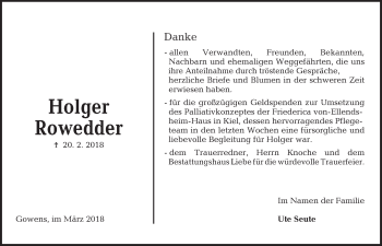Traueranzeige von Holger Rowedder von Kieler Nachrichten
