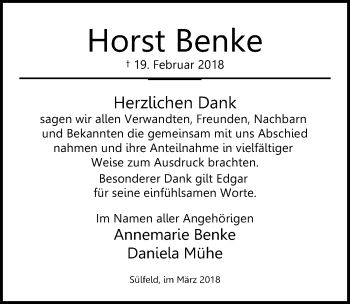 Traueranzeige von Horst Benke von Aller Zeitung