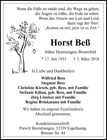 Traueranzeige von Horst Beß von Hannoversche Allgemeine Zeitung/Neue Presse