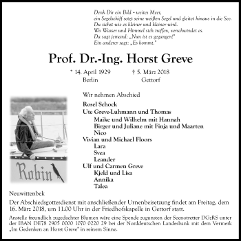 Traueranzeige von Horst Greve von Kieler Nachrichten