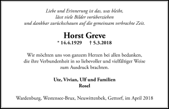 Traueranzeige von Horst Greve von Kieler Nachrichten
