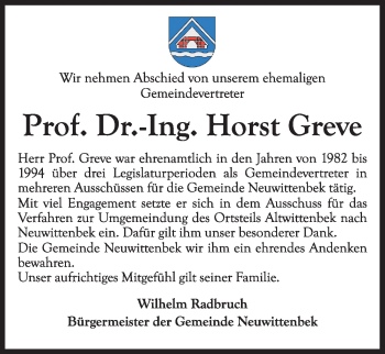 Traueranzeige von Horst Greve von Kieler Nachrichten