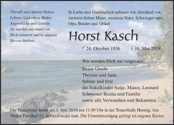 Traueranzeige von Horst Kasch von Ostsee-Zeitung GmbH