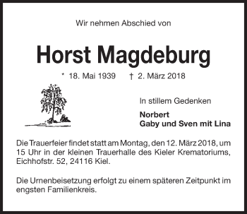 Traueranzeige von Horst Magdeburg von Kieler Nachrichten