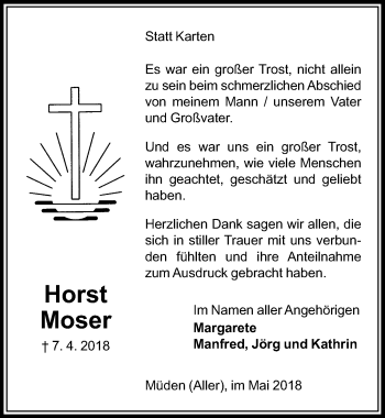 Traueranzeige von Horst Moser von Aller Zeitung