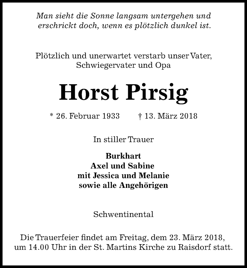  Traueranzeige für Horst Pirsig vom 17.03.2018 aus Kieler Nachrichten