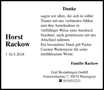 Traueranzeige von Horst Rackow von Hannoversche Allgemeine Zeitung/Neue Presse