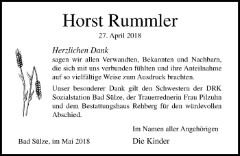 Traueranzeige von Horst Rummler von Ostsee-Zeitung GmbH