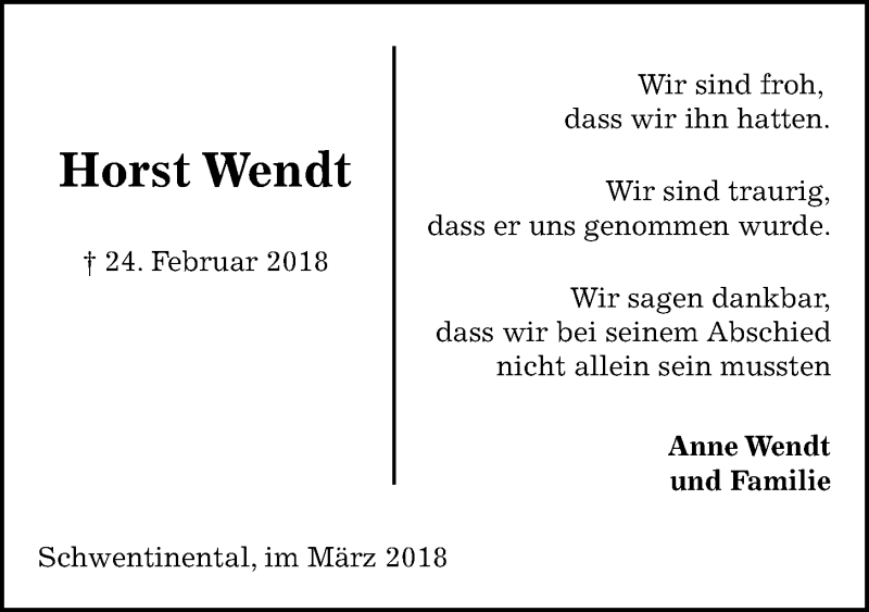  Traueranzeige für Horst Wendt vom 10.03.2018 aus Kieler Nachrichten