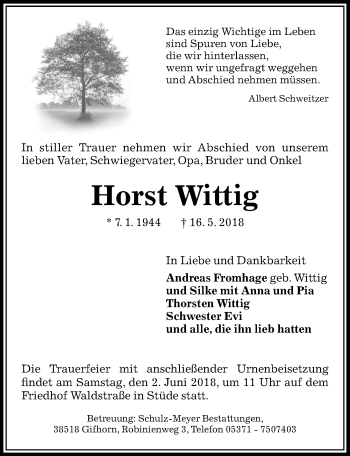 Traueranzeige von Horst Wittig von Aller Zeitung