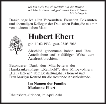 Traueranzeige von Hubert Ebert von Märkischen Allgemeine Zeitung