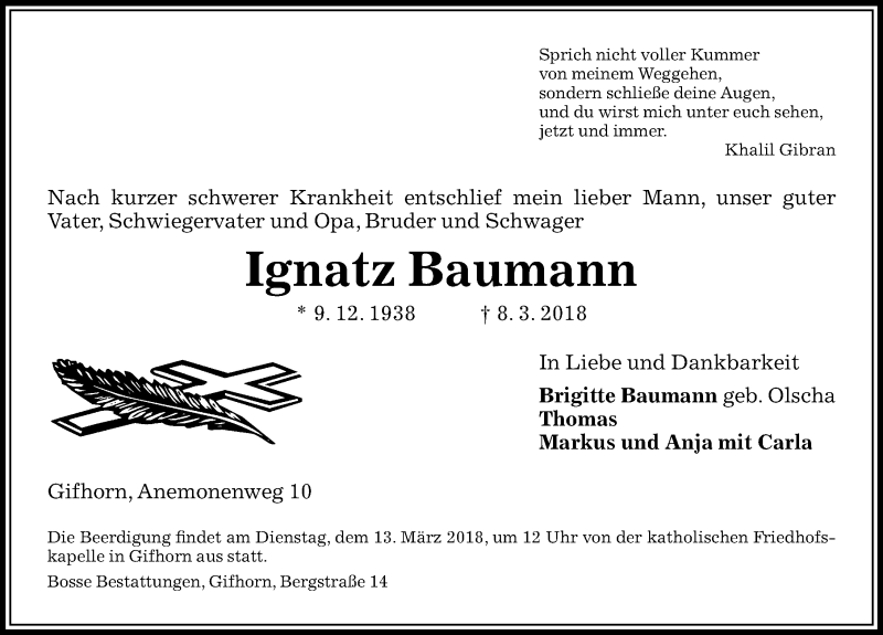  Traueranzeige für Ignatz Baumann vom 09.03.2018 aus Aller Zeitung