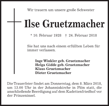 Traueranzeige von Ilse Gruetzmacher von Kieler Nachrichten