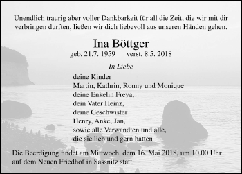 Traueranzeige von Ina Böttger von Ostsee-Zeitung GmbH