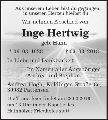 Traueranzeige von Inge Hertwig von Hannoversche Allgemeine Zeitung/Neue Presse