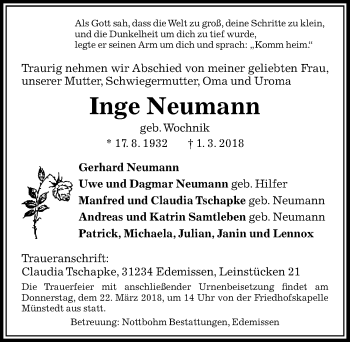 Traueranzeige von Inge Neumann von Peiner Allgemeine Zeitung