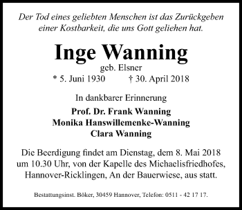 Traueranzeige von Inge Wanning von Hannoversche Allgemeine Zeitung/Neue Presse