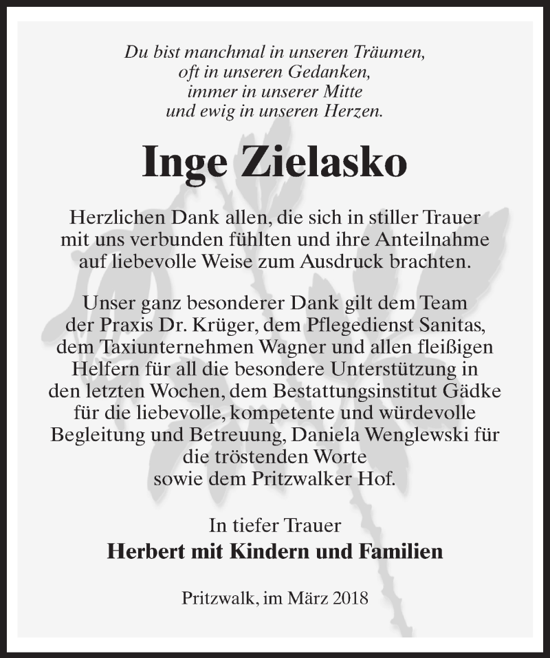  Traueranzeige für Inge Zielasko vom 07.04.2018 aus Märkischen Allgemeine Zeitung
