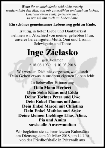 Traueranzeige von Inge Zielasko von Märkischen Allgemeine Zeitung