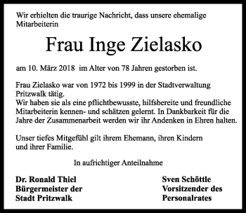 Traueranzeige von Inge Zielasko von Märkischen Allgemeine Zeitung