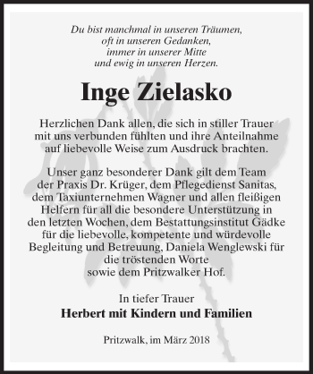 Traueranzeige von Inge Zielasko von Märkischen Allgemeine Zeitung