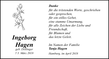 Traueranzeige von Ingeborg Hagen von Göttinger Tageblatt