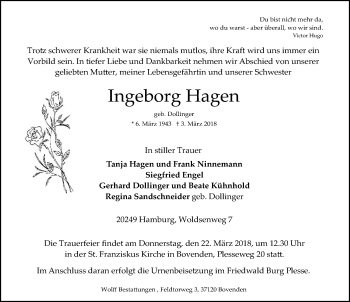 Traueranzeige von Ingeborg Hagen von Göttinger Tageblatt