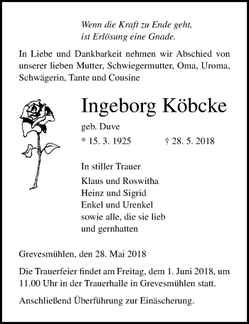 Traueranzeige von Ingeborg Köbcke von Ostsee-Zeitung GmbH