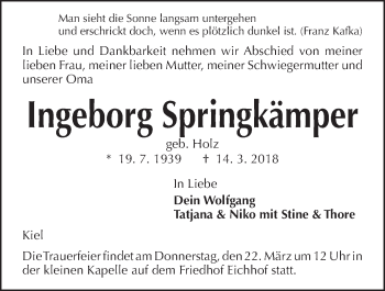 Traueranzeige von Ingeborg Springkämper von Kieler Nachrichten