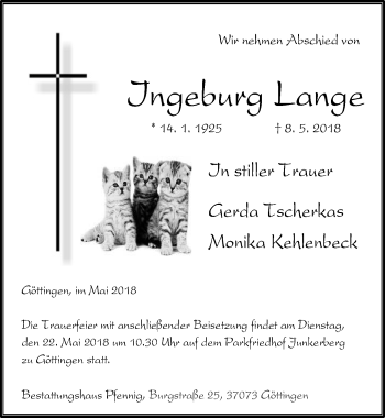 Traueranzeige von Ingeburg Lange von Göttinger Tageblatt