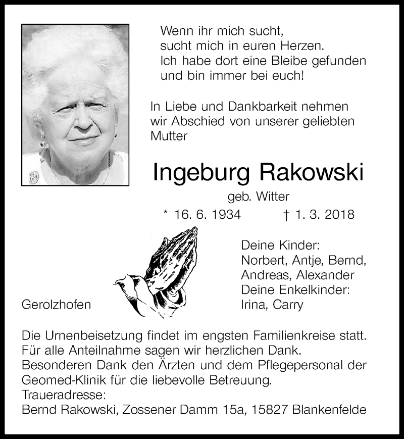  Traueranzeige für Ingeburg Rakowski vom 10.03.2018 aus Märkischen Allgemeine Zeitung