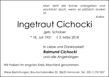 Traueranzeige von Ingetraut Cichocki von Hannoversche Allgemeine Zeitung/Neue Presse