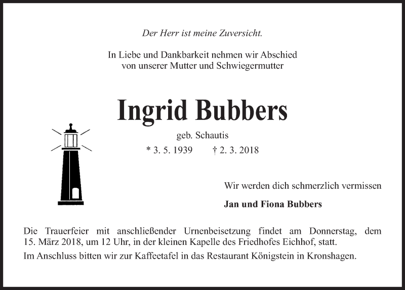  Traueranzeige für Ingrid Bubbers vom 10.03.2018 aus Kieler Nachrichten