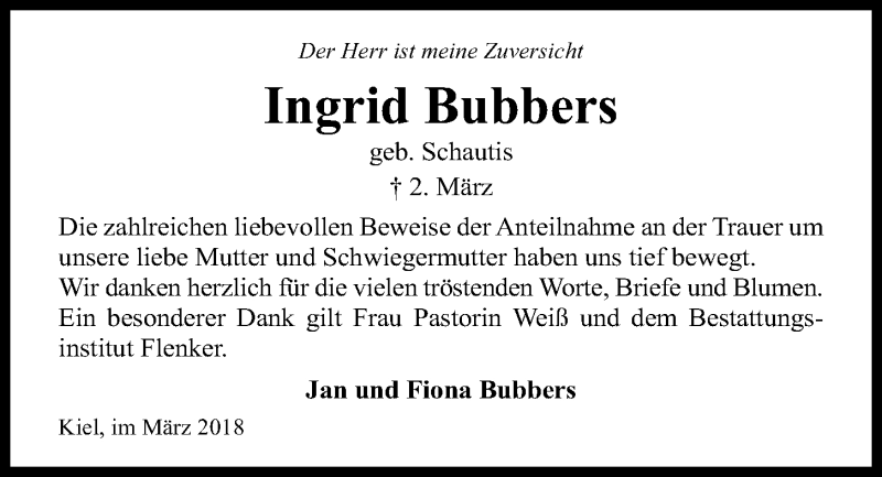  Traueranzeige für Ingrid Bubbers vom 31.03.2018 aus Kieler Nachrichten