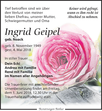 Traueranzeige von Ingrid Geipel von Leipziger Volkszeitung