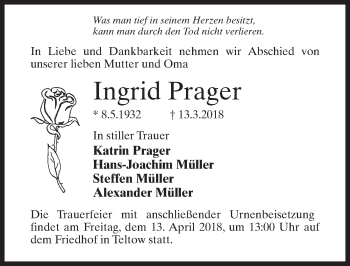 Traueranzeige von Ingrid Prager von Märkischen Allgemeine Zeitung