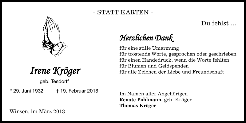  Traueranzeige für Irene Kröger vom 31.03.2018 aus Kieler Nachrichten