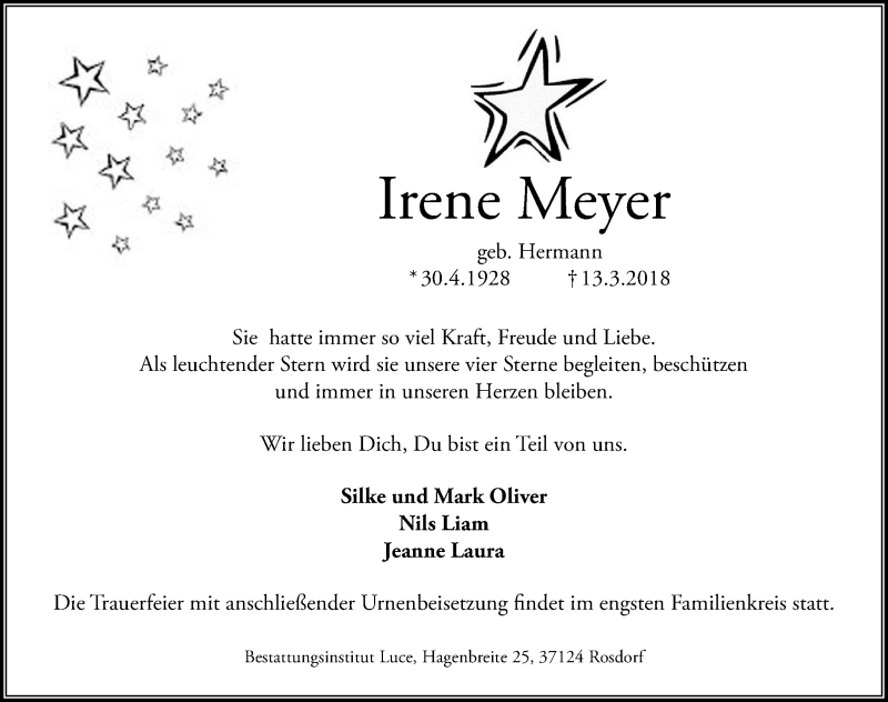 Traueranzeige für Irene Meyer vom 17.03.2018 aus Göttinger Tageblatt