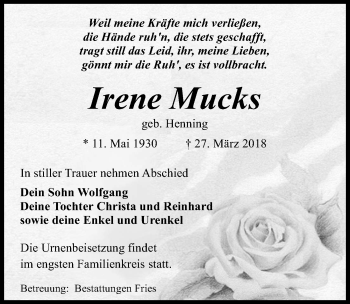 Traueranzeige von Irene Mucks von Märkischen Allgemeine Zeitung