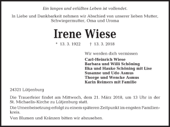 Traueranzeige von Irene Wiese von Kieler Nachrichten