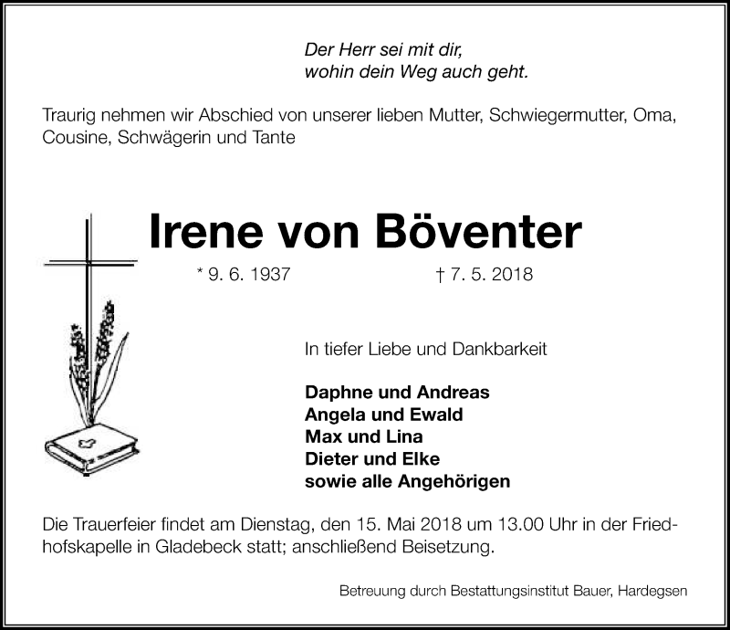  Traueranzeige für Irene von Böventer vom 12.05.2018 aus Göttinger Tageblatt
