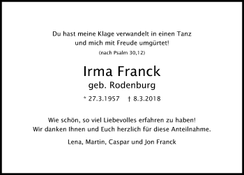 Traueranzeige von Irma Franck von Hannoversche Allgemeine Zeitung/Neue Presse